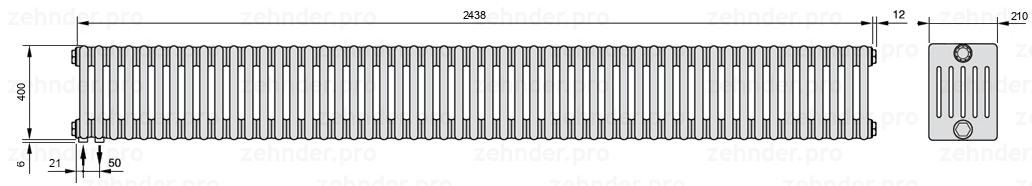 Схема (чертеж) Радиатор Zehnder Charleston 6040/53 №3370 Белый глянцевый RAL 9016